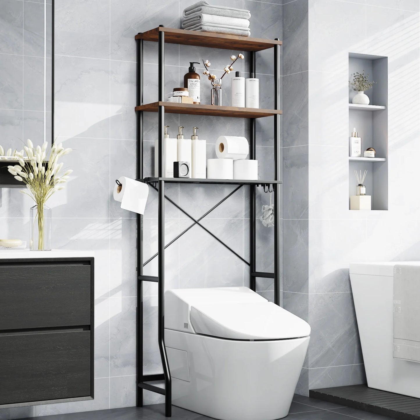 Capri 3-Shelf Over the Toilet Storage, Freestanding Metal Bathroom Organizers and Storage Shelf, Rustic Brown