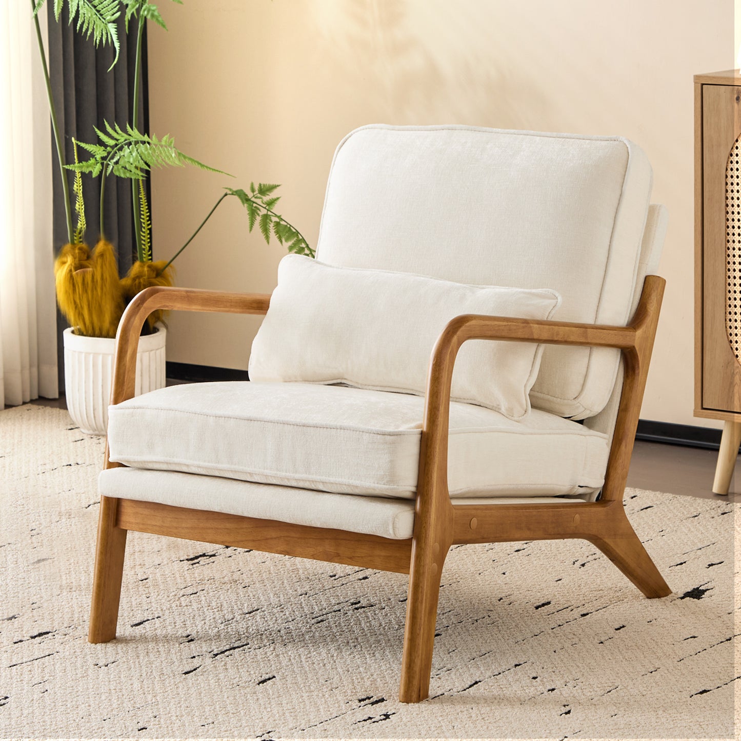Capri Modern Accent Chair, Mid-Century Solid Wood Arm Chair, Upholstered Reading Chair with Lumbar Pillow, Sofa Side Chairs for Living Room Bedroom Guest Room, Beige/B