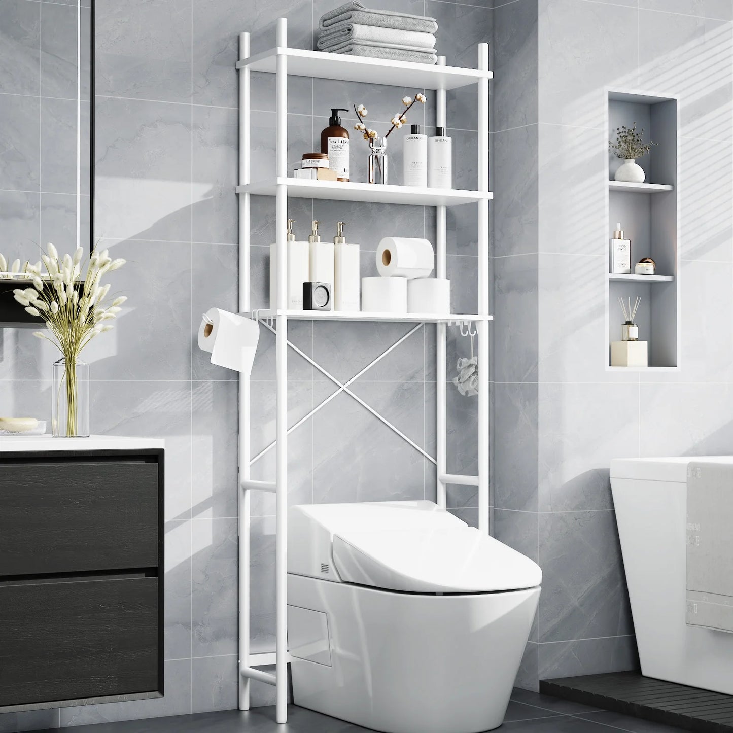 Capri 3-Shelf Over the Toilet Storage, Freestanding Metal Bathroom Organizers and Storage Shelf, White