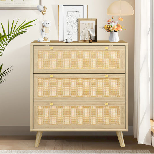 Capri 3-Drawer Dresser, Rattan Dresser Storage Wide Chest of Drawers, Wooden Bedside Night Stand Storage Cabinet for Bedroom,Living Room, Entryway, Natural