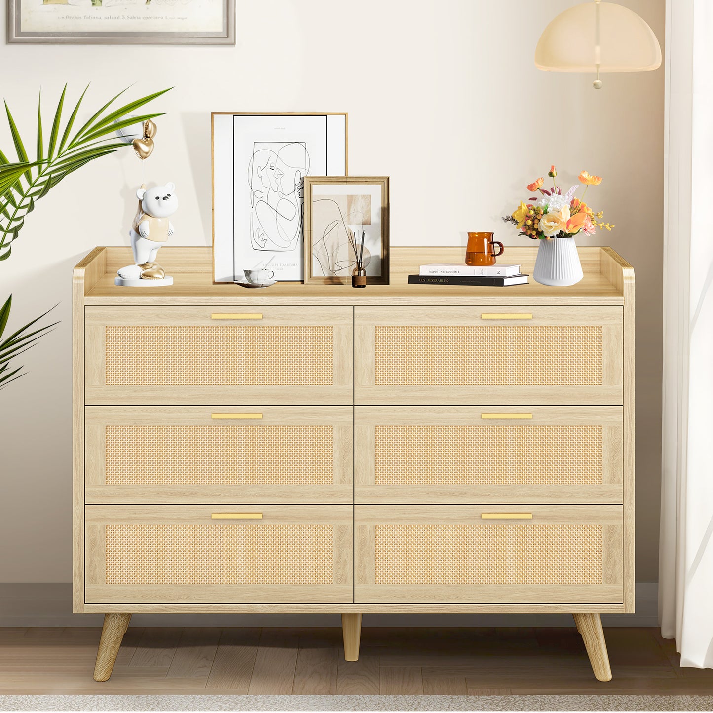 Capri 6-Drawer Dresser, Rattan Dresser Storage Wide Chest of Drawers, Wooden Bedside Night Stand Storage Cabinet for Bedroom,Living Room, Entryway, Natural