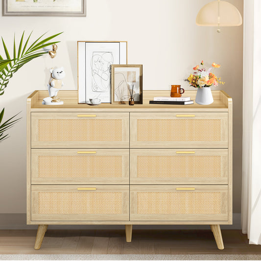 Capri 6-Drawer Dresser, Rattan Dresser Storage Wide Chest of Drawers, Wooden Bedside Night Stand Storage Cabinet for Bedroom,Living Room, Entryway, Natural