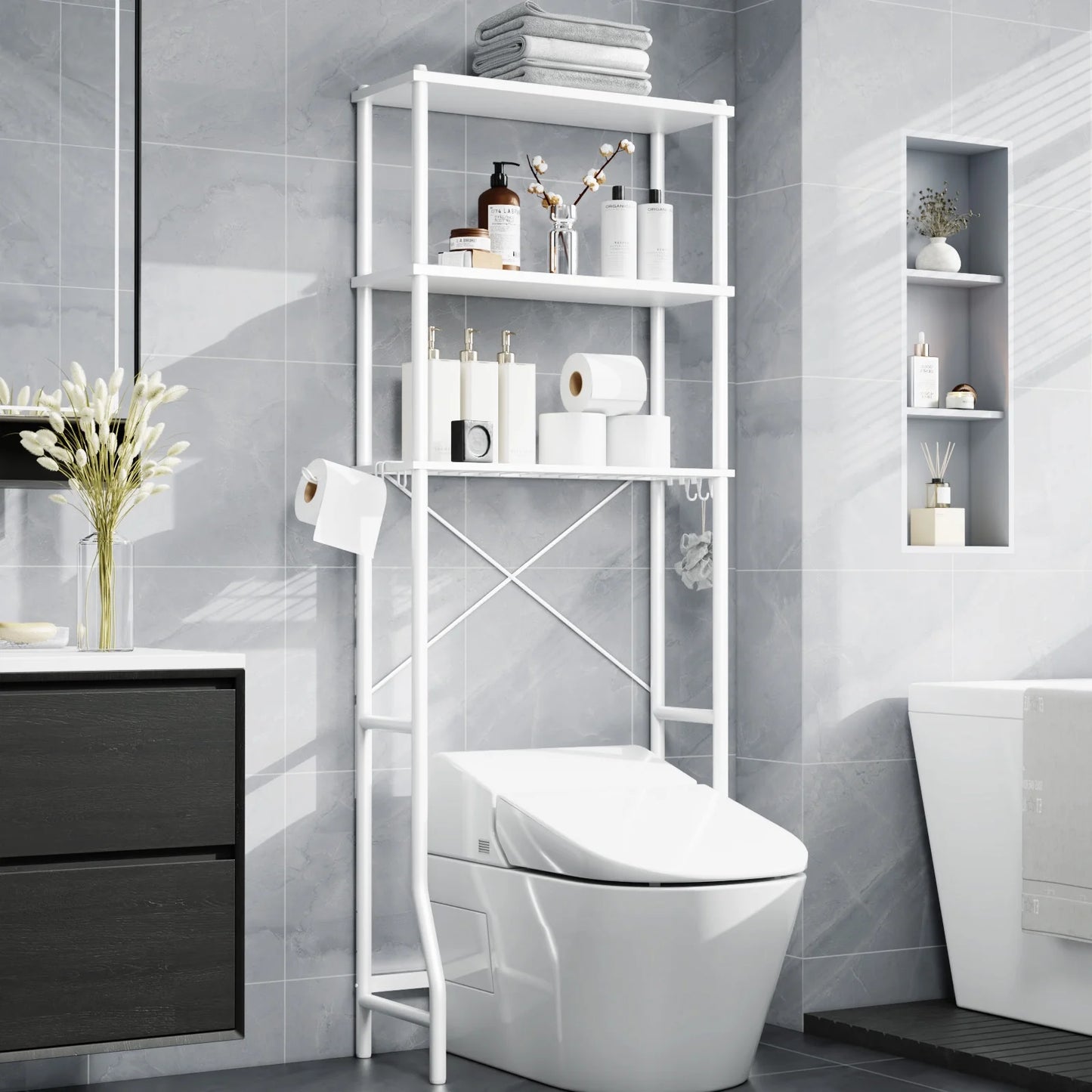 Capri 3-Shelf Over the Toilet Storage, Freestanding Metal Bathroom Organizers and Storage Shelf, White