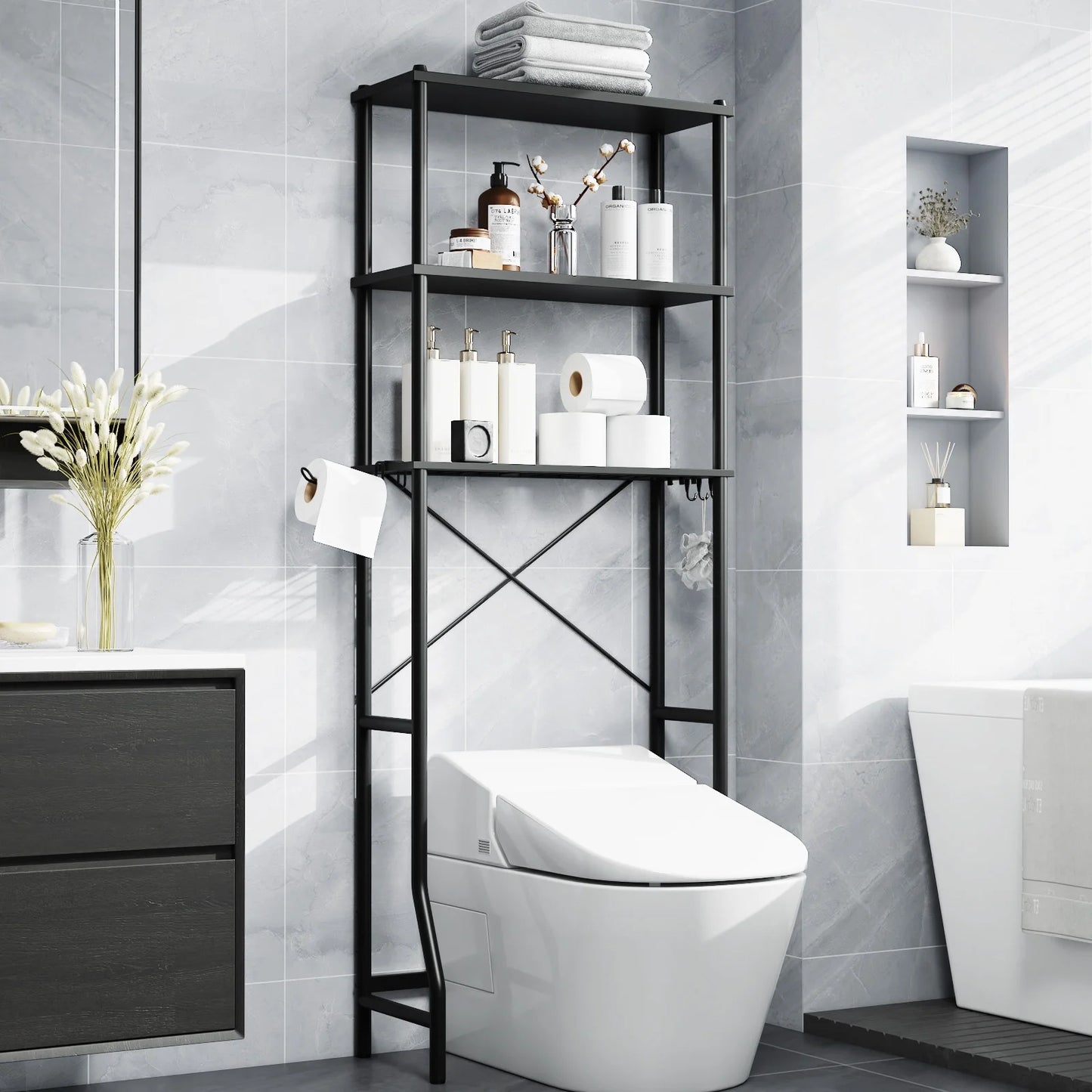 Capri 3-Shelf Over the Toilet Storage, Freestanding Metal Bathroom Organizers and Storage Shelf, Black
