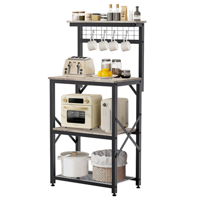 Capri Kitchen Bakers Rack with Storage Shelves and 4 Hooks, Small 4 Tiers Coffee Bar Table, Freestanding Microwave Stand, Kitchen Storage Shelf Rack for Spices, Pots and Pans, Oak Gray