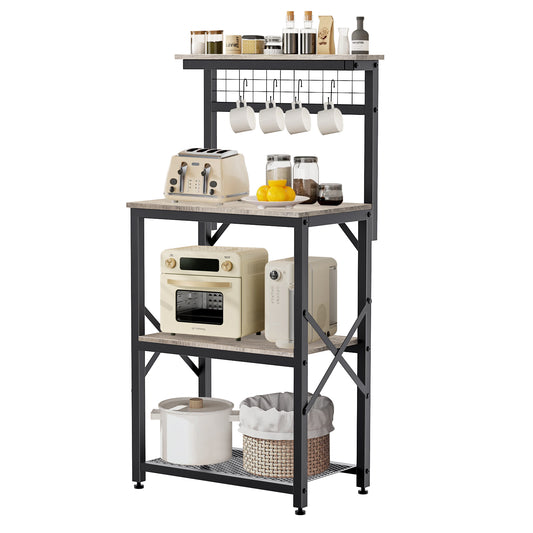 Capri Kitchen Bakers Rack with Storage Shelves and 4 Hooks, Small 4 Tiers Coffee Bar Table, Freestanding Microwave Stand, Kitchen Storage Shelf Rack for Spices, Pots and Pans, Oak Gray