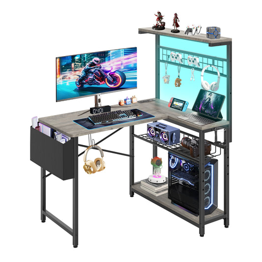 Capri 42" L Shaped Gaming Desk with Power Outlets & LED Lights, Small Computer Corner Desk with Headset Hooks and Cup Holder, Home Office Desk with Storage Shelves, Oak Gray