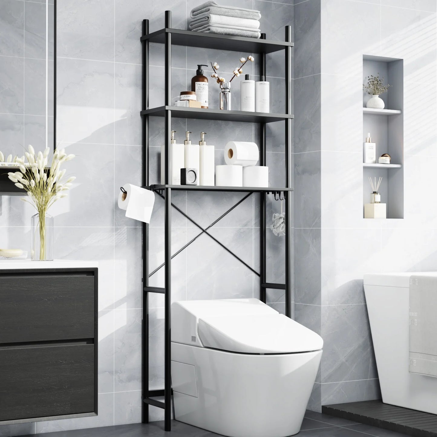 Capri 3-Shelf Over the Toilet Storage, Freestanding Metal Bathroom Organizers and Storage Shelf, Black