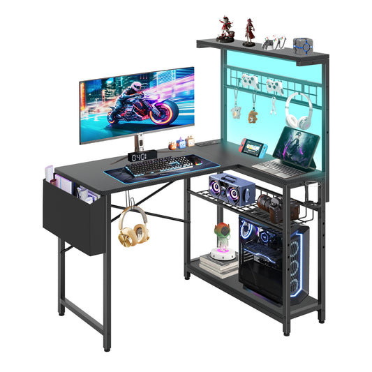 Capri 42" L Shaped Gaming Desk with Power Outlets & LED Lights, Small Computer Corner Desk with Headset Hooks and Cup Holder, Home Office Desk with Storage Shelves, Carbon Fiber Black