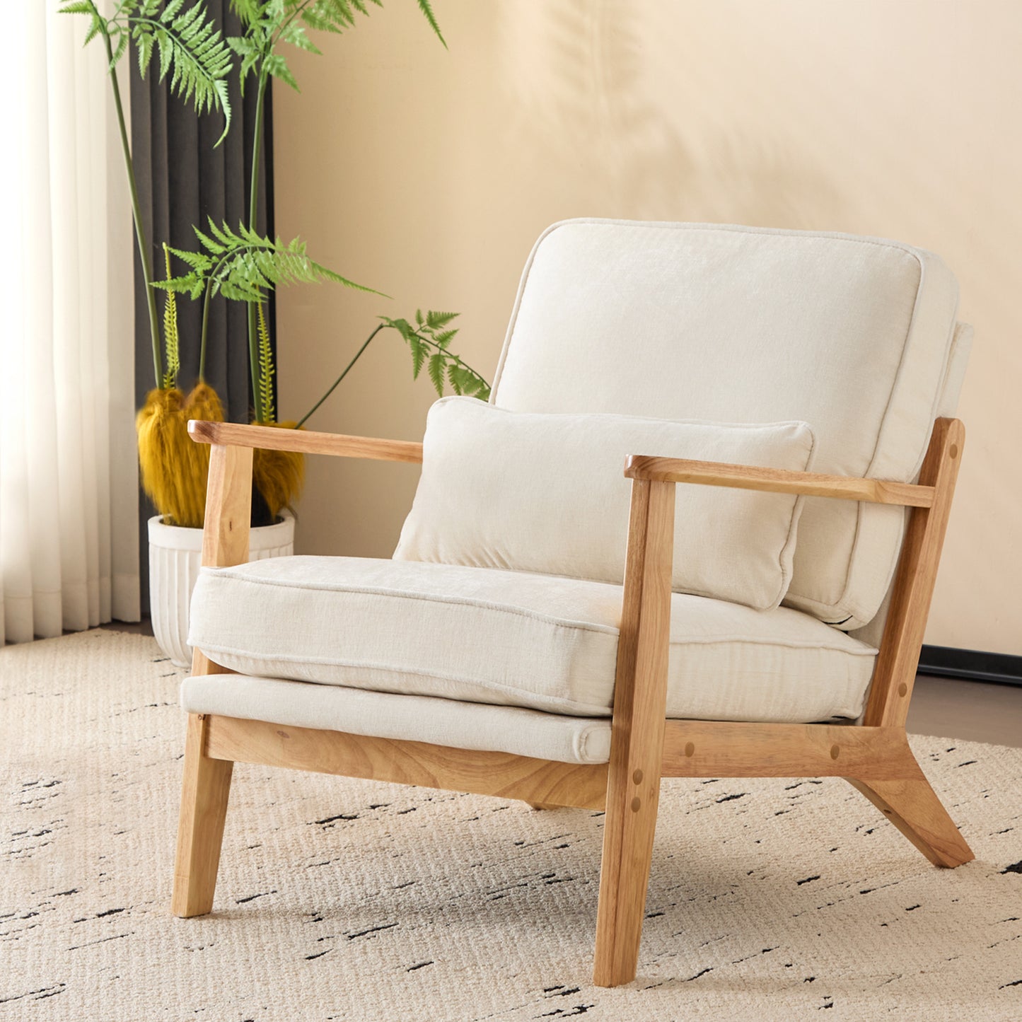 Capri Modern Reading Chair, Solid Wood Accent Arm Chair, Upholstered Sofa Side Chair with Lumbar Pillow, Armchair for Living Room Bedroom Guest Room, Beige/C