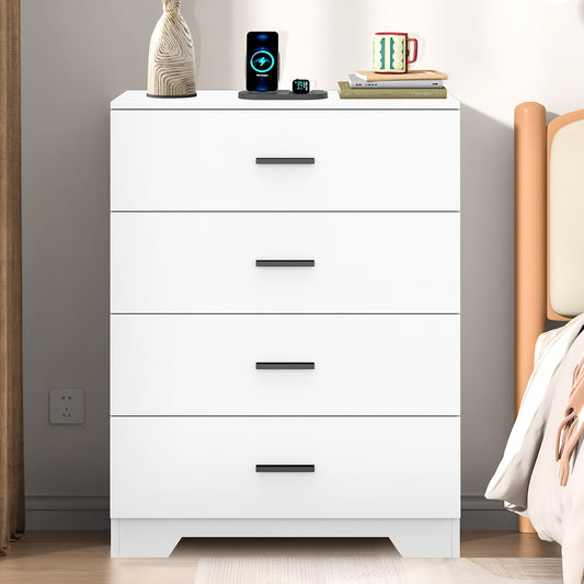 Capri White 4 Drawer Dresser with Power Outlets, Modern Storage Wide Chest of Drawer, Wooden Dresser Storage Cabinet for Bedroom Living Room