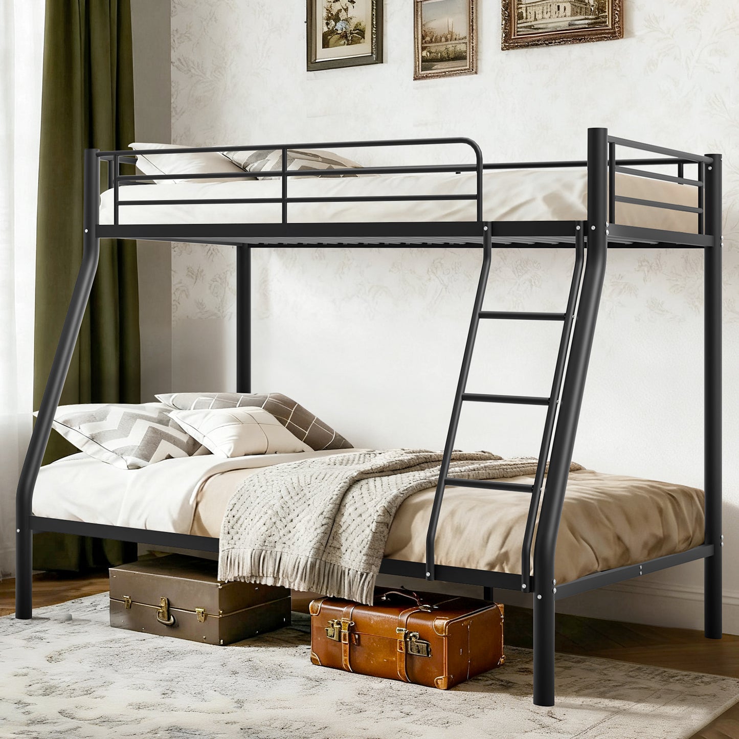 Capri Twin over Full Size Metal Bunk Bed for Teens Adult with 12" Under-Bed Storage & Ladder & Full-Length Guardrail, Space-Saving, Heavy-duty, Black