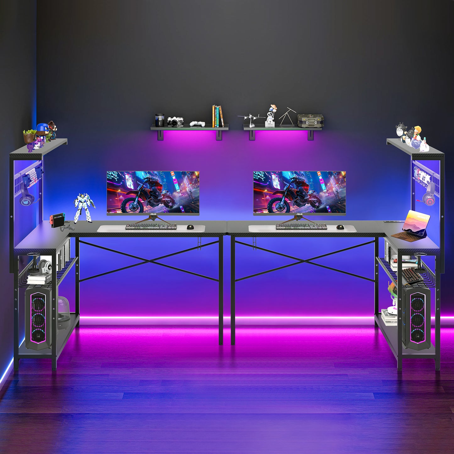 Capri L Shaped Gaming Desk, 52" Reversible Computer Desk with Power Outlets & LED Lights & Headset Hooks & Cup Holder & Storage Bag, Carbon Fiber Black