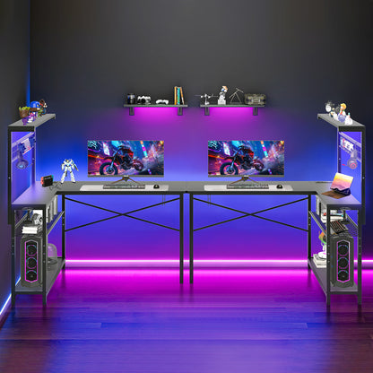 Capri L Shaped Gaming Desk, 52" Reversible Computer Desk with Power Outlets & LED Lights & Headset Hooks & Cup Holder & Storage Bag, Carbon Fiber Black