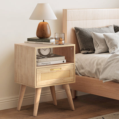 Capri Rattan Nightstand with Drawer Open Shelf and Solid Wood Feet, Cane Accent Sofa Table for Bedroom Living Room Dorm and Small Spaces, Natural