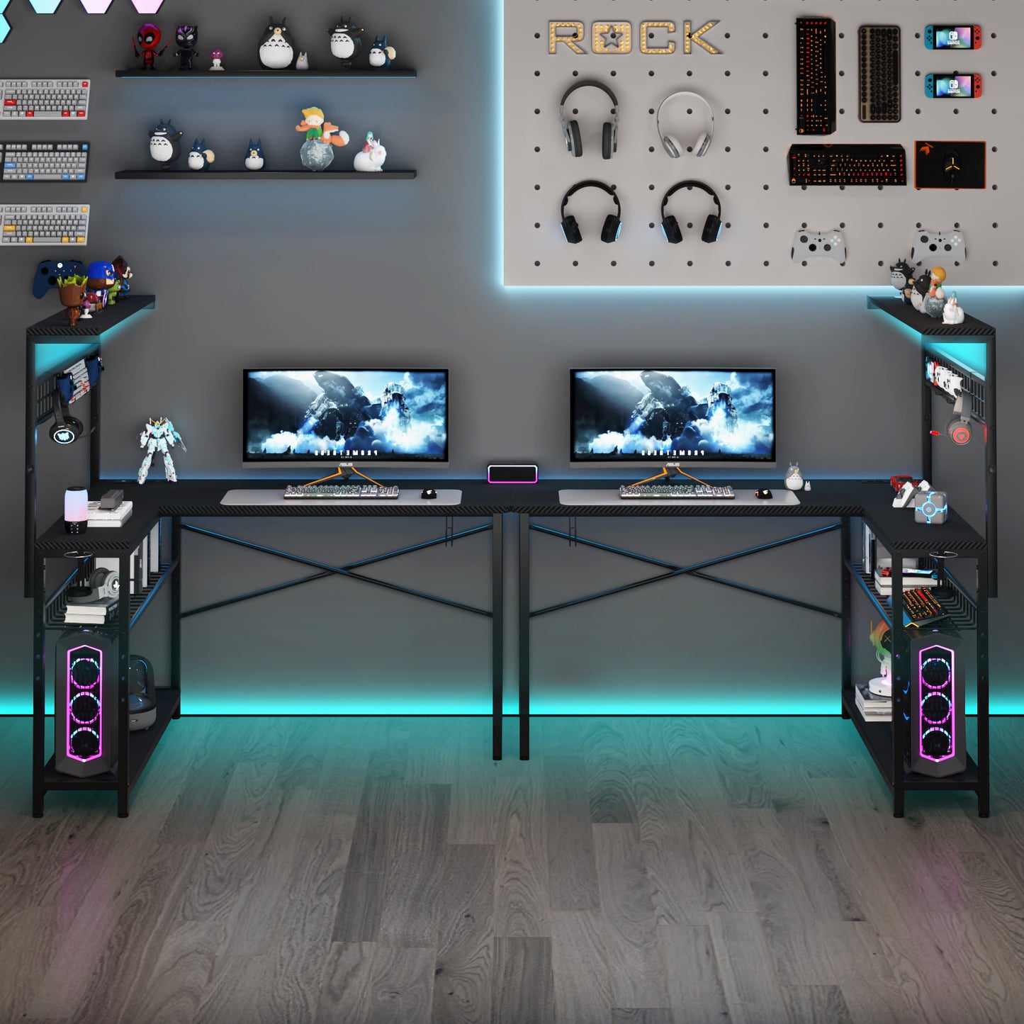 Capri L Shaped Gaming Desk, 52" Reversible Computer Desk with Power Outlets & LED Lights & Headset Hooks & Cup Holder & Storage Bag, Carbon Fiber Black