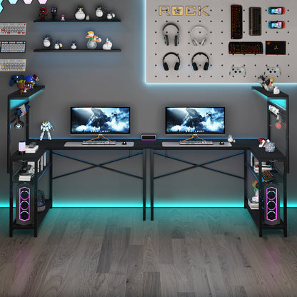 Capri L Shaped Gaming Desk, 52" Reversible Computer Desk with Power Outlets & LED Lights & Headset Hooks & Cup Holder & Storage Bag, Carbon Fiber Black