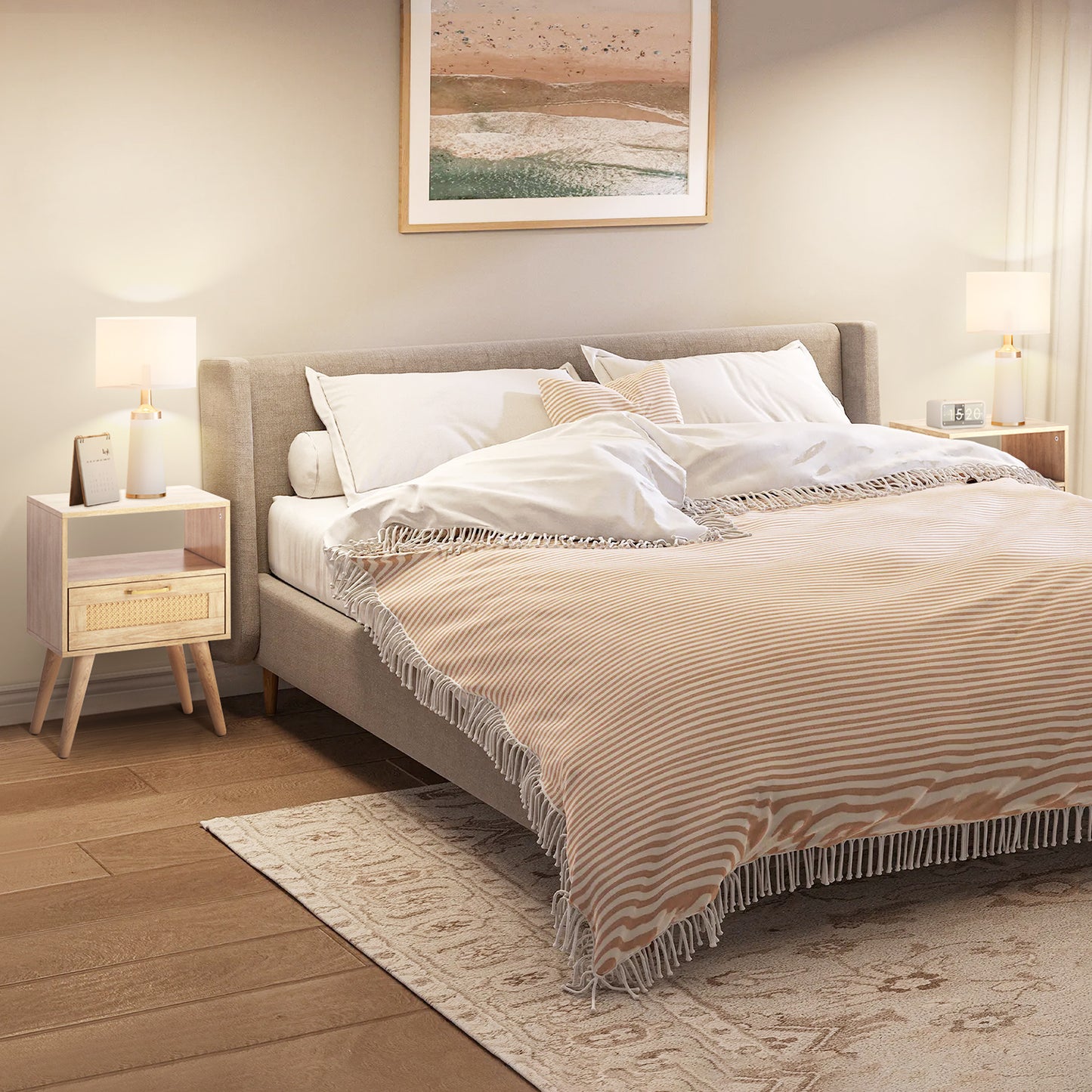 Capri Rattan Nightstand with Drawer Open Shelf and Solid Wood Feet, Cane Accent Sofa Table for Bedroom Living Room Dorm and Small Spaces, Natural