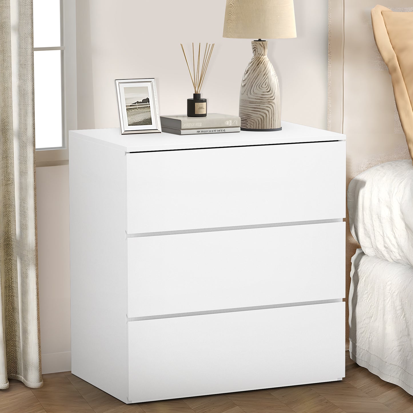 Capri White 3 Drawer Dresser, Modern Storage Wide Chest of Drawer,Wooden Dresser Storage Cabinet Bedside Nightstand for Bedroom Living Room
