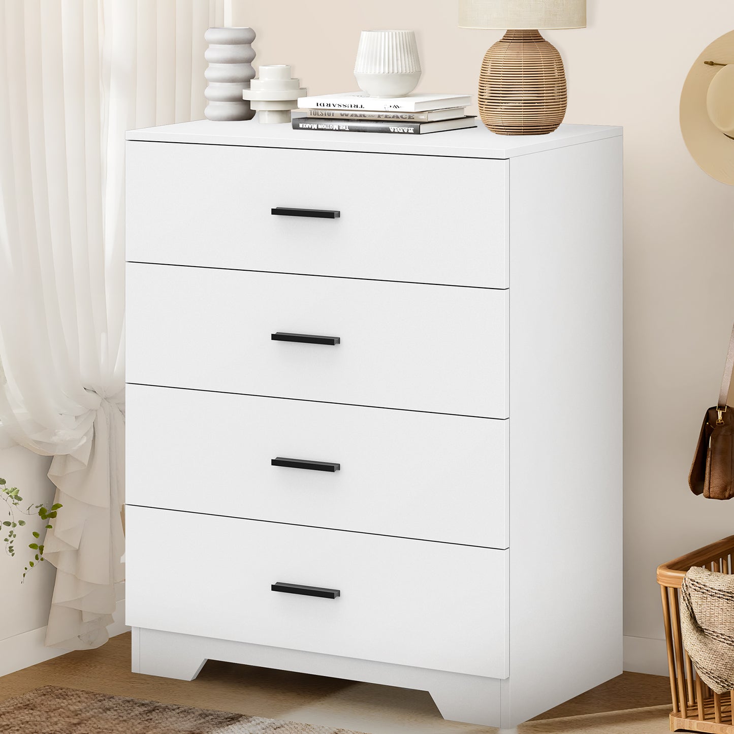 Capri White 4 Drawer Dresser with Power Outlets, Modern Storage Wide Chest of Drawer, Wooden Dresser Storage Cabinet for Bedroom Living Room