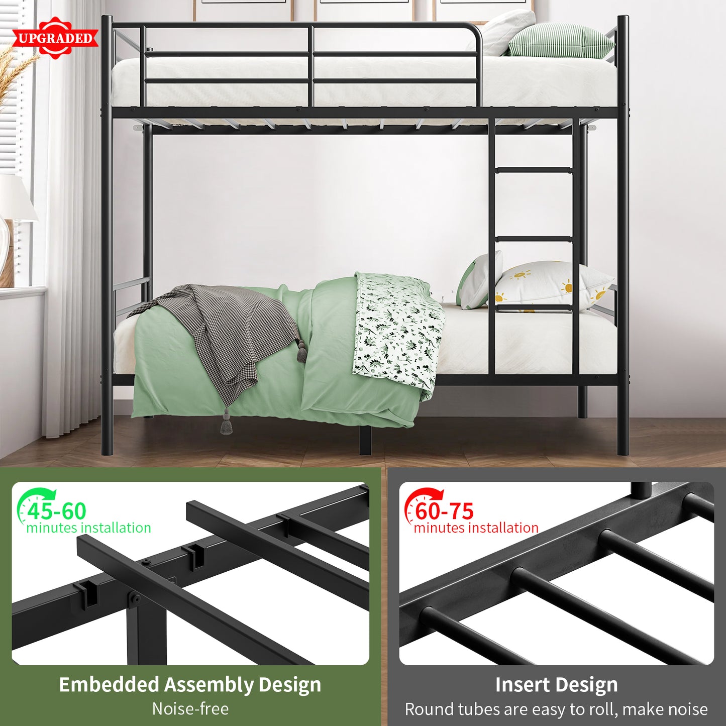 Capri Metal Twin over Twin Size Bunk Bed Frame with 10.63'' Under-Bed Storage & Stairs & Full-Length Guardrail, Noise Free, Heavy-duty, Black
