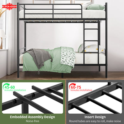 Capri Metal Twin over Twin Size Bunk Bed Frame with 10.63'' Under-Bed Storage & Stairs & Full-Length Guardrail, Noise Free, Heavy-duty, Black