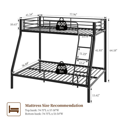 Capri Twin over Full Size Metal Bunk Bed for Teens Adult with 12" Under-Bed Storage & Ladder & Full-Length Guardrail, Space-Saving, Heavy-duty, Black