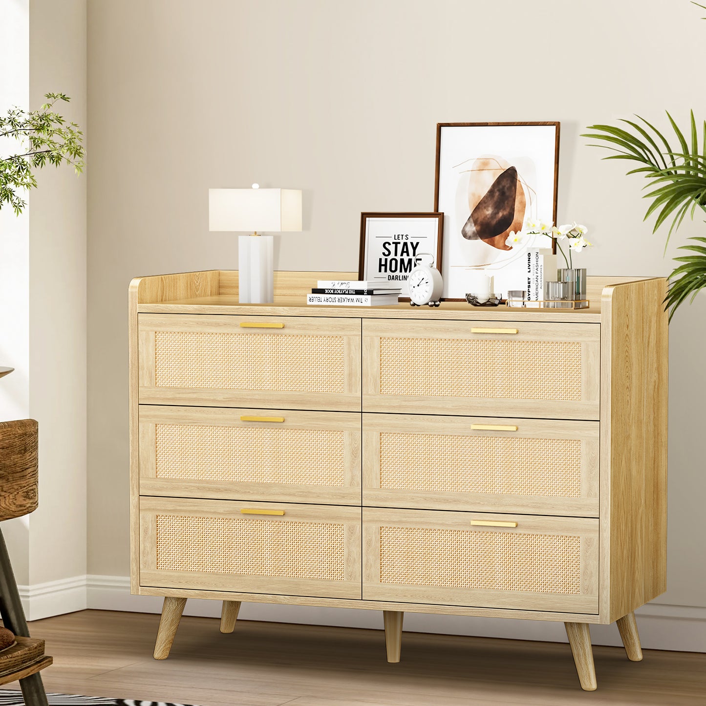 Capri 6-Drawer Dresser, Rattan Dresser Storage Wide Chest of Drawers, Wooden Bedside Night Stand Storage Cabinet for Bedroom,Living Room, Entryway, Natural