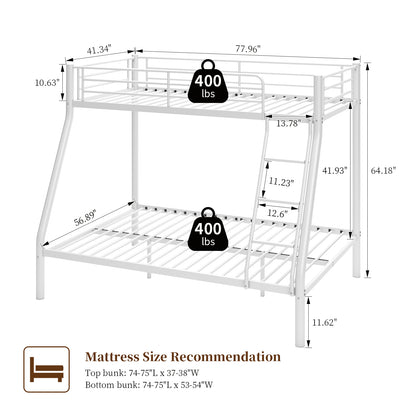 Capri Twin over Full Size Metal Bunk Bed for Teens Adult with 12" Under-Bed Storage & Ladder & Full-Length Guardrail, Space-Saving, Heavy-duty, White