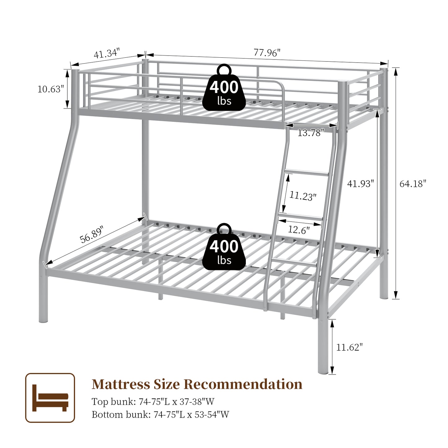 Capri Twin over Full Size Metal Bunk Bed for Teens Adult with 12" Under-Bed Storage & Ladder & Full-Length Guardrail, Space-Saving, Heavy-duty, Silver