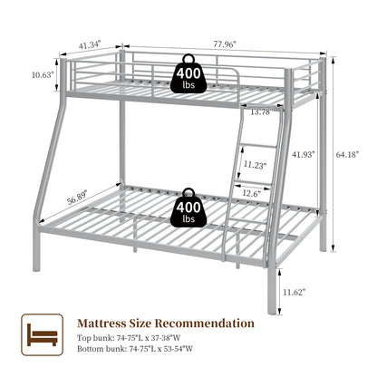Capri Twin over Full Size Metal Bunk Bed for Teens Adult with 12" Under-Bed Storage & Ladder & Full-Length Guardrail, Space-Saving, Heavy-duty, Silver
