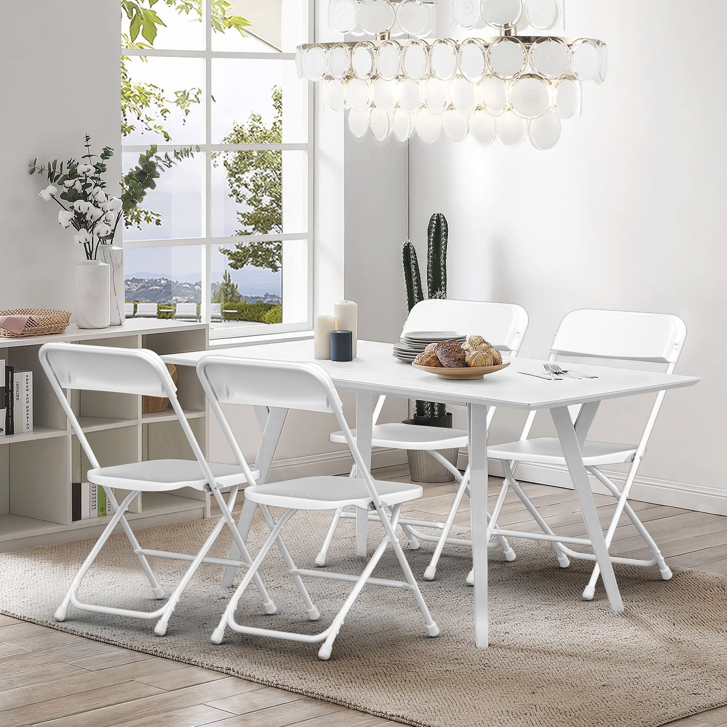 Capri White Plastic Folding Chair 4 Pack with Steel Frame, Hold up to 350 lbs, Indoor Outdoor Portable Stackable Event Chair Commercial Seat for Dining Wedding Party Office Picnic Kitchen