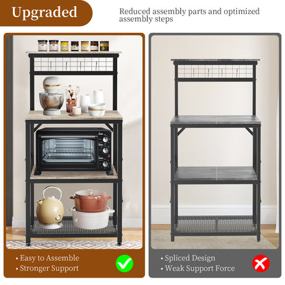 Capri Kitchen Bakers Rack with Storage Shelves and 4 Hooks, Small 4 Tiers Coffee Bar Table, Freestanding Microwave Stand, Kitchen Storage Shelf Rack for Spices, Pots and Pans, Oak Gray