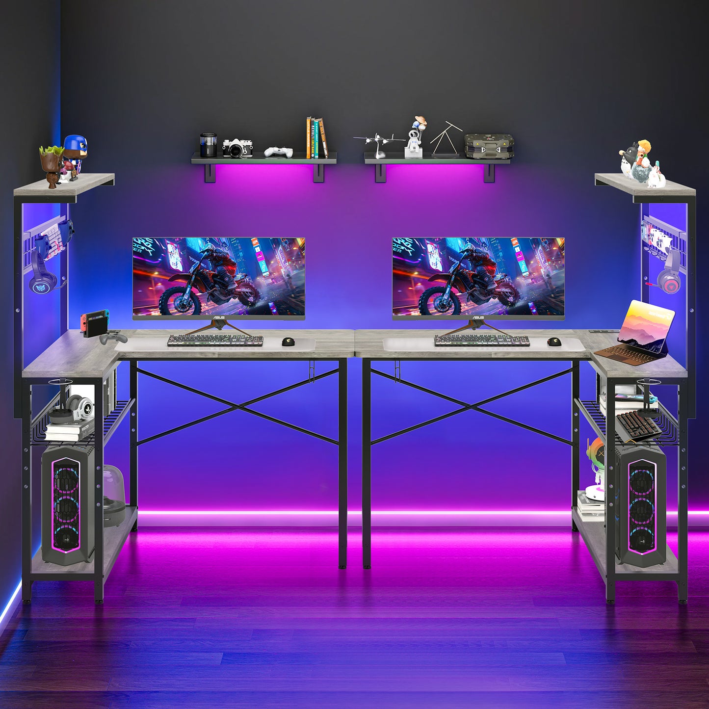 Capri 42" L Shaped Gaming Desk with Power Outlets & LED Lights, Small Computer Corner Desk with Headset Hooks and Cup Holder, Home Office Desk with Storage Shelves, Oak Gray