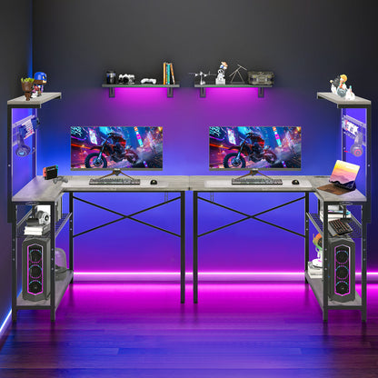 Capri 42" L Shaped Gaming Desk with Power Outlets & LED Lights, Small Computer Corner Desk with Headset Hooks and Cup Holder, Home Office Desk with Storage Shelves, Oak Gray