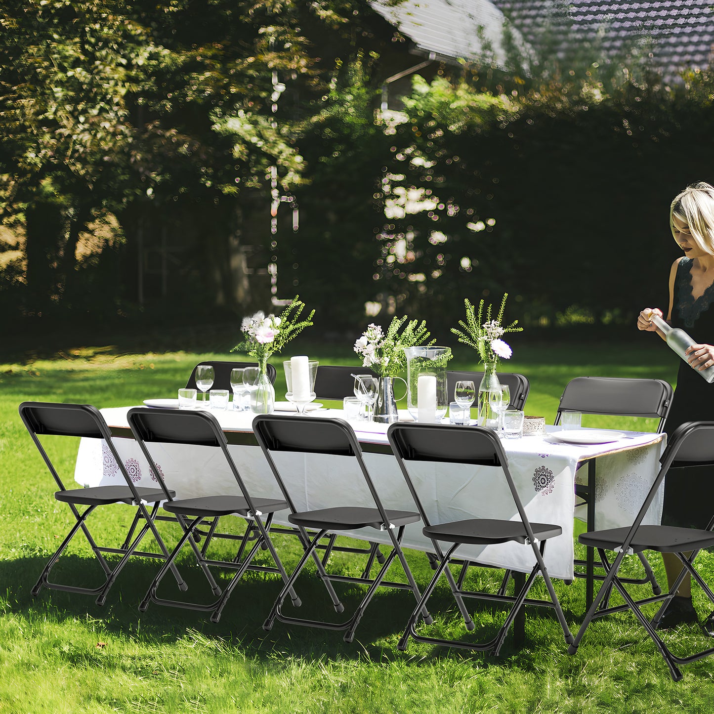 Capri Black Plastic Folding Chair 4 Pack with Steel Frame, Hold up to 350 lbs, Indoor Outdoor Portable Stackable Event Chair Commercial Seat for Dining Wedding Party Office Picnic Kitchen