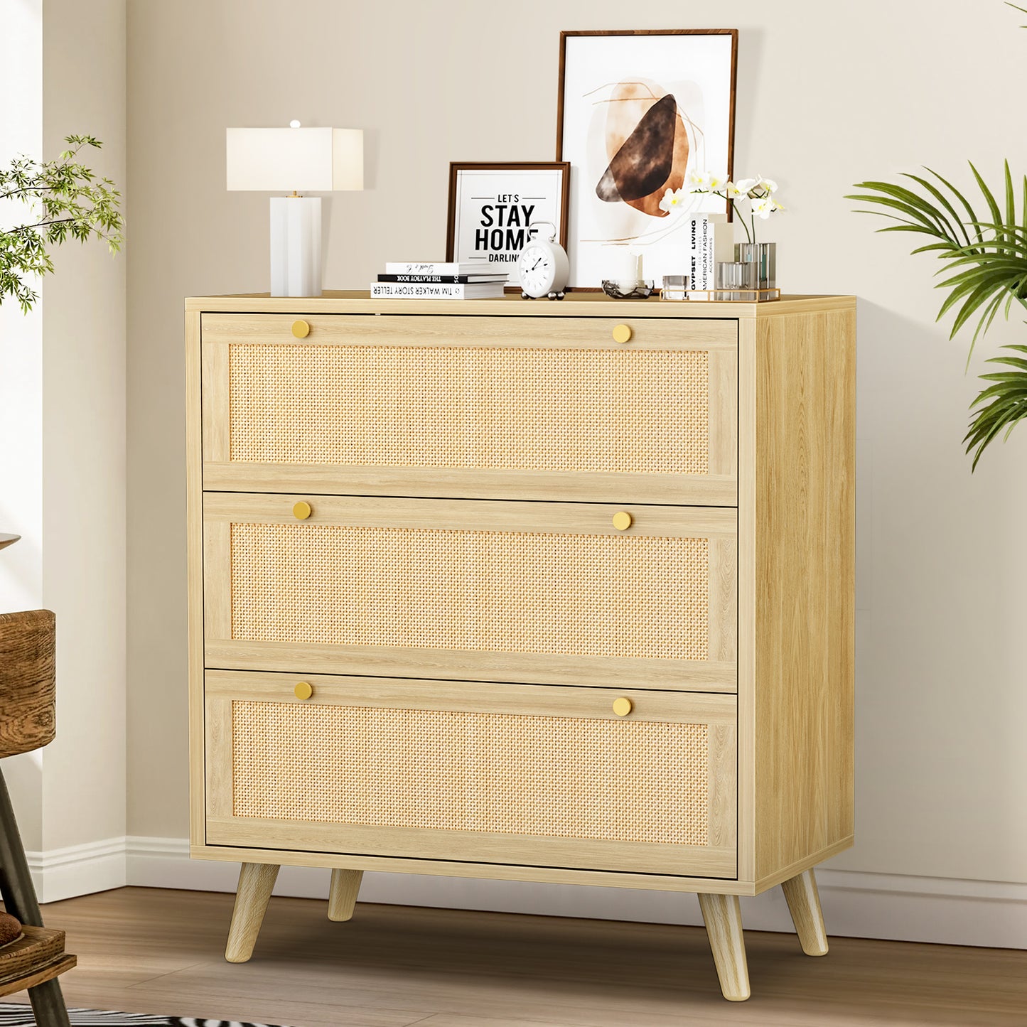 Capri 3-Drawer Dresser, Rattan Dresser Storage Wide Chest of Drawers, Wooden Bedside Night Stand Storage Cabinet for Bedroom,Living Room, Entryway, Natural
