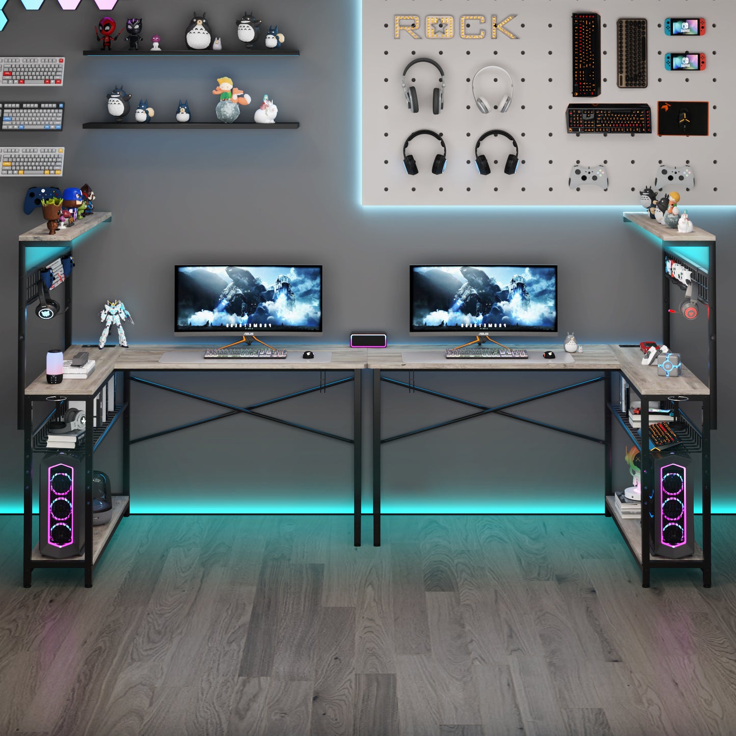 Capri L Shaped Gaming Desk, 52" Reversible Computer Desk with Power Outlets & LED Lights & Headset Hooks & Cup Holder & Storage Bag, Oak Gray