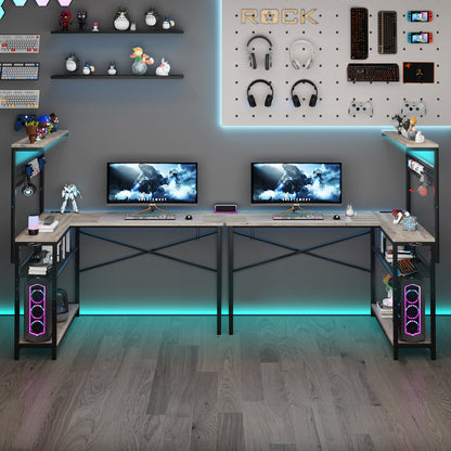 Capri L Shaped Gaming Desk, 52" Reversible Computer Desk with Power Outlets & LED Lights & Headset Hooks & Cup Holder & Storage Bag, Oak Gray