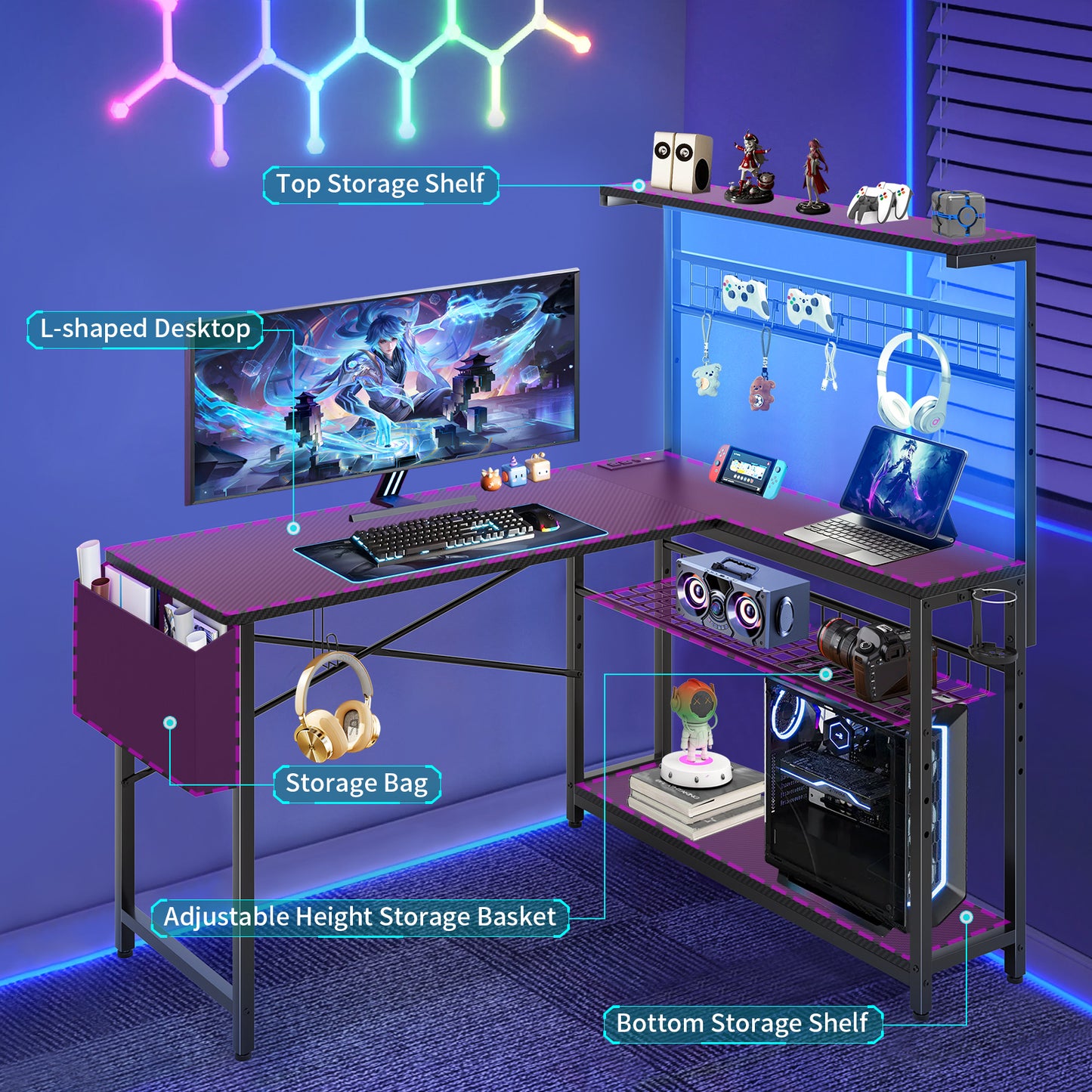 Capri L Shaped Gaming Desk, 52" Reversible Computer Desk with Power Outlets & LED Lights & Headset Hooks & Cup Holder & Storage Bag, Carbon Fiber Black