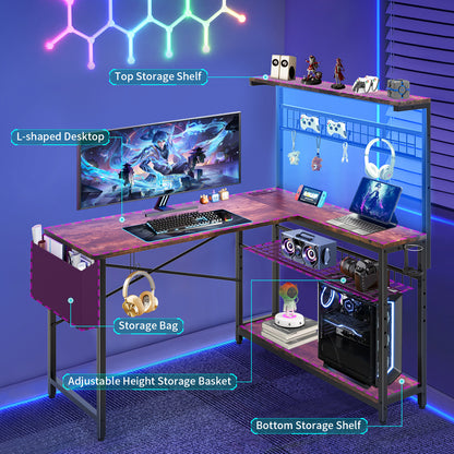 Capri L Shaped Gaming Desk, 42" Computer Desk with Power Outlets & LED Lights & Headset Hooks & Cup Holder & Storage Bag, Rustic Brown