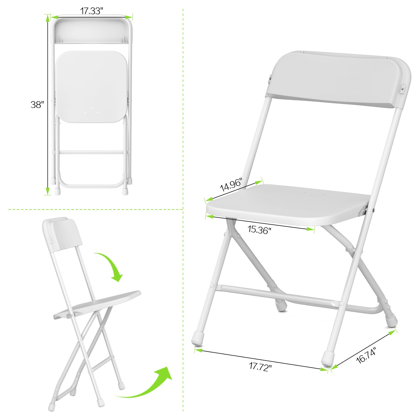 Capri White Plastic Folding Chair 4 Pack with Steel Frame, Hold up to 350 lbs, Indoor Outdoor Portable Stackable Event Chair Commercial Seat for Dining Wedding Party Office Picnic Kitchen