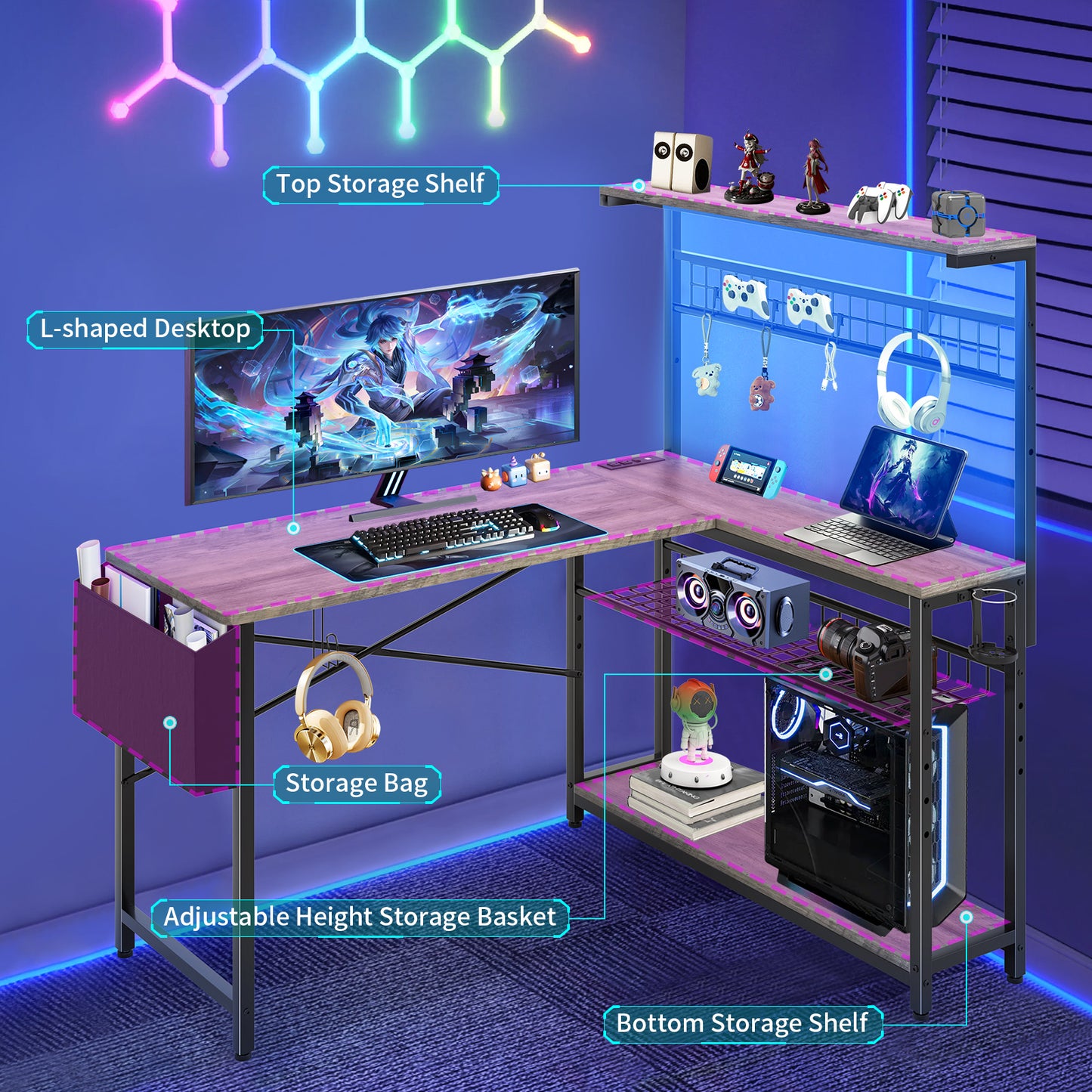 Capri L Shaped Gaming Desk, 52" Reversible Computer Desk with Power Outlets & LED Lights & Headset Hooks & Cup Holder & Storage Bag, Oak Gray