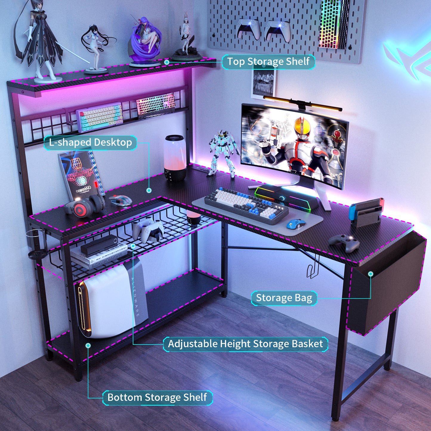 Capri L Shaped Gaming Desk, 52" Reversible Computer Desk with Power Outlets & LED Lights & Headset Hooks & Cup Holder & Storage Bag, Carbon Fiber Black