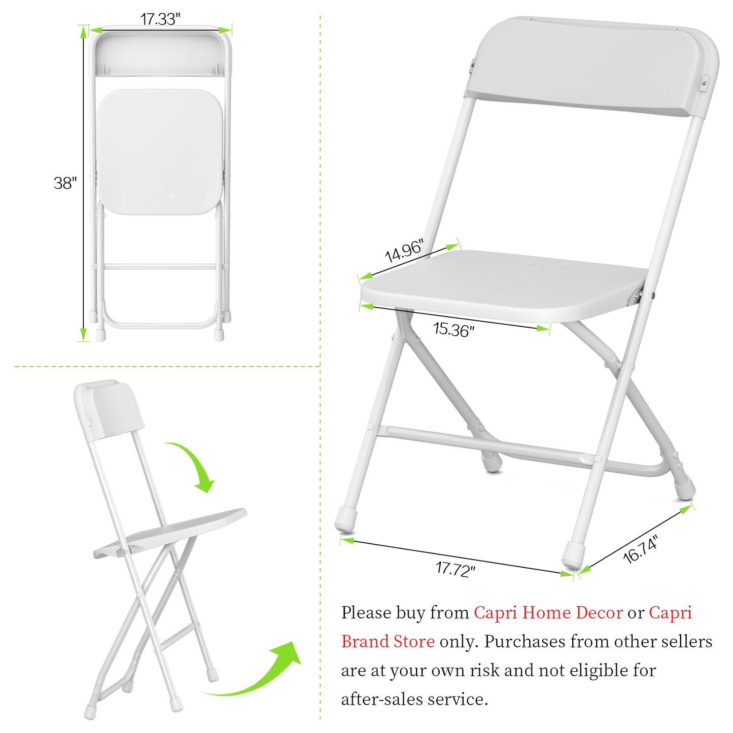 Capri White Plastic Folding Chair 4 Pack with Steel Frame, Hold up to 350 lbs, Indoor Outdoor Portable Stackable Event Chair Commercial Seat for Dining Wedding Party Office Picnic Kitchen