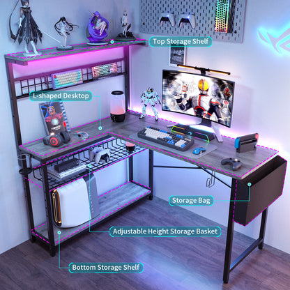 Capri L Shaped Gaming Desk, 52" Reversible Computer Desk with Power Outlets & LED Lights & Headset Hooks & Cup Holder & Storage Bag, Oak Gray