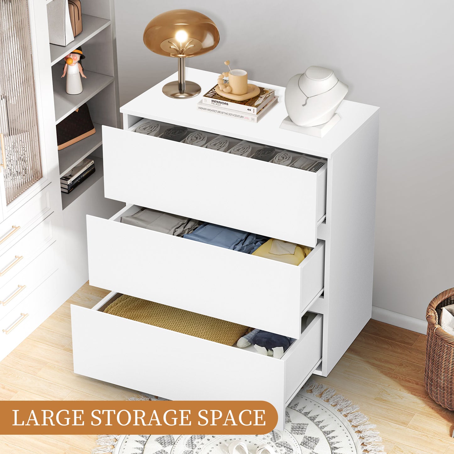 Capri White 3 Drawer Dresser, Modern Storage Wide Chest of Drawer,Wooden Dresser Storage Cabinet Bedside Nightstand for Bedroom Living Room