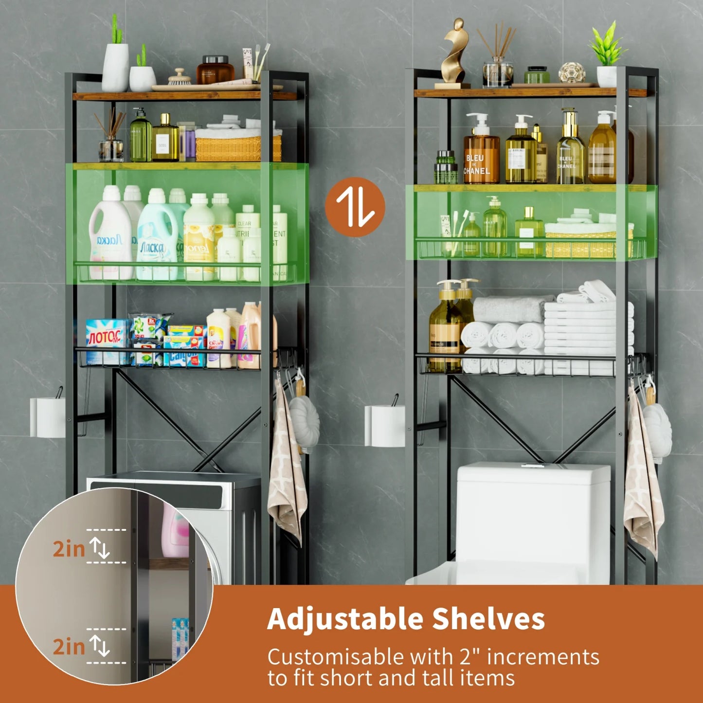 Capri 4-Tier Over-the-Toilet Storage Shelf, Bathroom Organizer Shelf Over Toilet, Freestanding Space Saver Rack with Adjustable Shelf and Basket, Rustic Brown