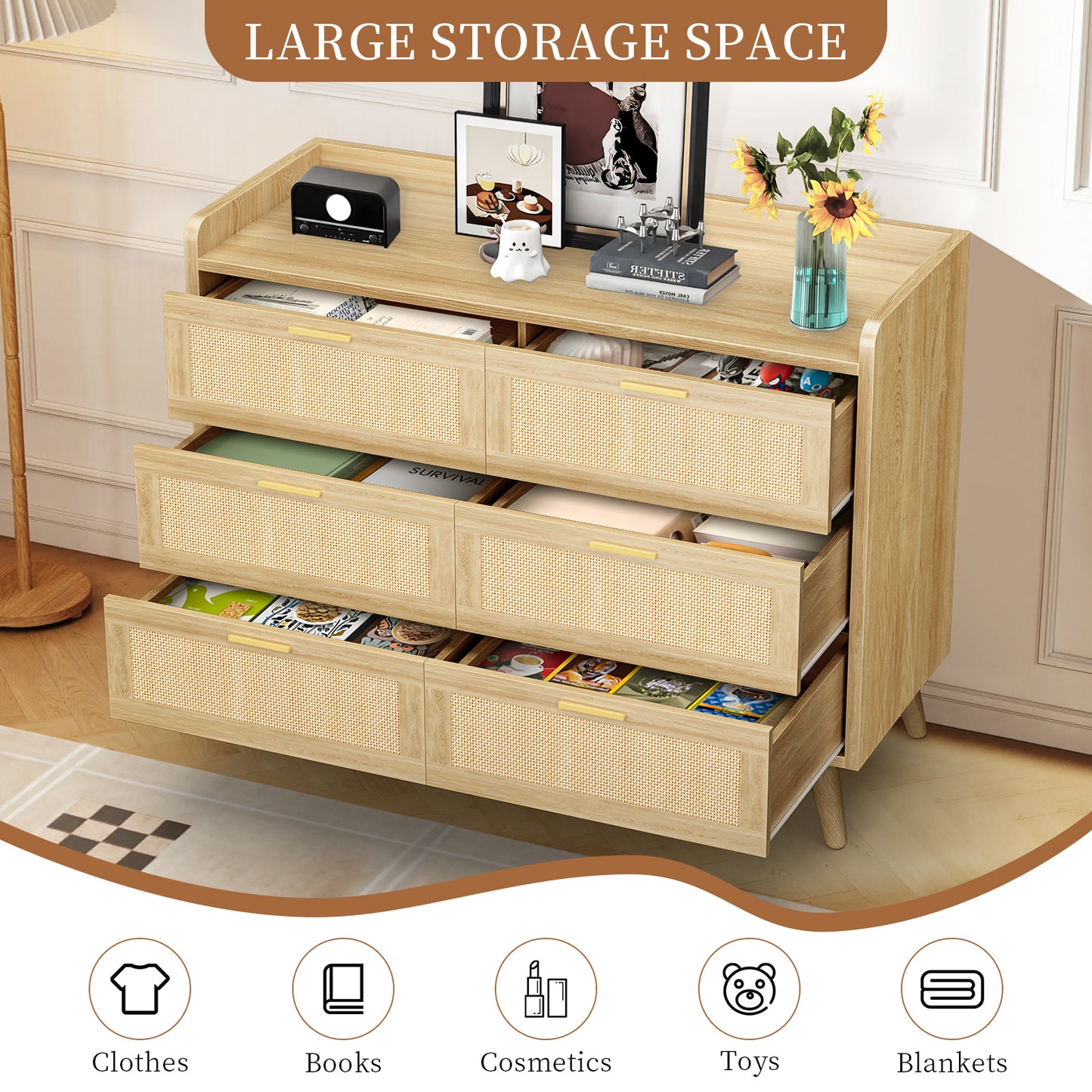 Capri 6-Drawer Dresser, Rattan Dresser Storage Wide Chest of Drawers, Wooden Bedside Night Stand Storage Cabinet for Bedroom,Living Room, Entryway, Natural