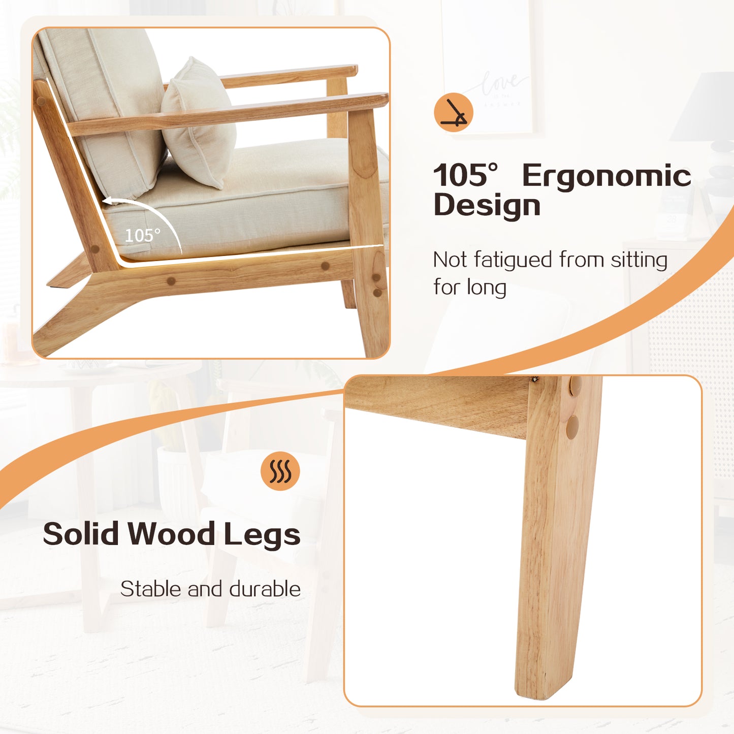 Capri Modern Reading Chair, Solid Wood Accent Arm Chair, Upholstered Sofa Side Chair with Lumbar Pillow, Armchair for Living Room Bedroom Guest Room, Beige/C
